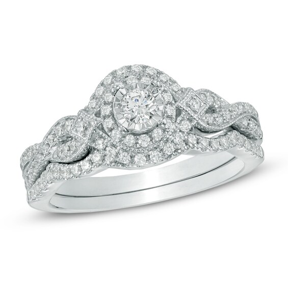 1/2 CT. T.w. Diamond Frame Vintage-Style Bridal Set in 14K White Gold