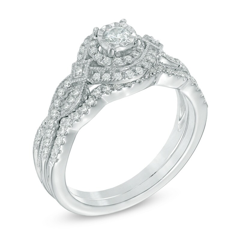 Main Image 2 of 1/2 CT. T.W. Diamond Frame Vintage-Style Bridal Set in 14K White Gold