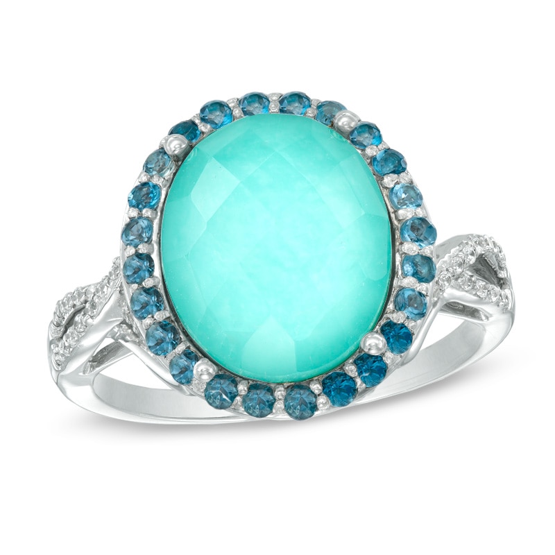 Main Image 1 of Oval Turquoise, London Blue Topaz and Lab-Created White Sapphire Doublet Ring in Sterling Silver