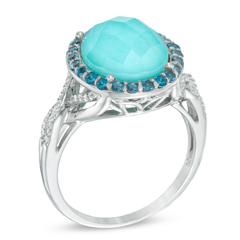 Main Image 2 of Oval Turquoise, London Blue Topaz and Lab-Created White Sapphire Doublet Ring in Sterling Silver