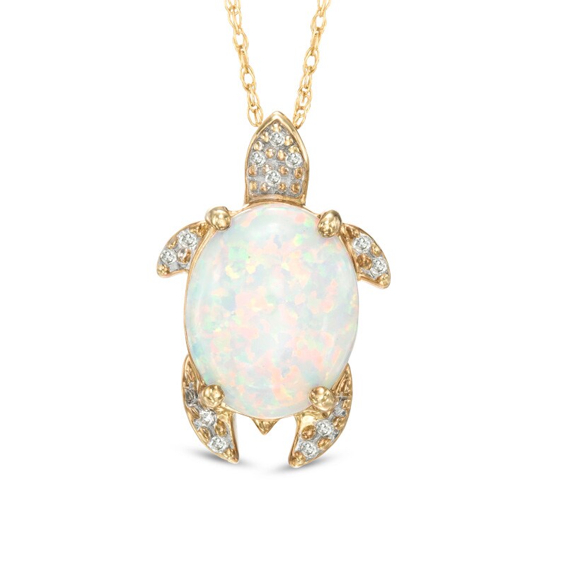 Main Image 1 of Oval Lab-Created Opal and Diamond Accent Turtle Pendant in Sterling Silver with 14K Gold Plate