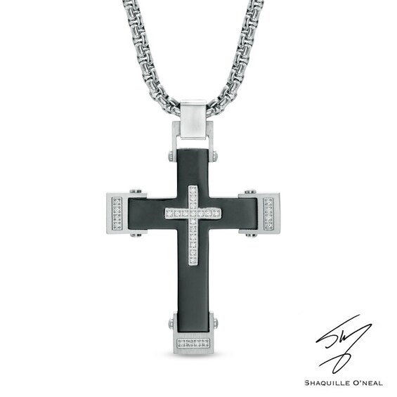Men's 1/5 CT. T.w. Diamond Cross Pendant in Two-Tone Stainless Steel - 24"