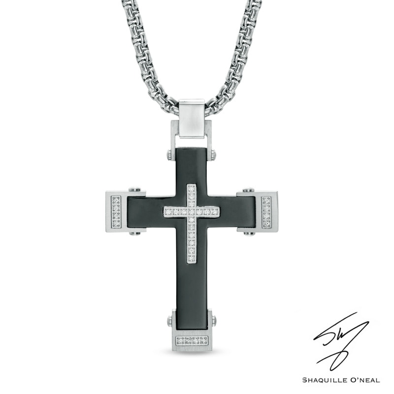 Main Image 1 of Men's 1/5 CT. T.W. Diamond Cross Pendant in Two-Tone Stainless Steel - 24"