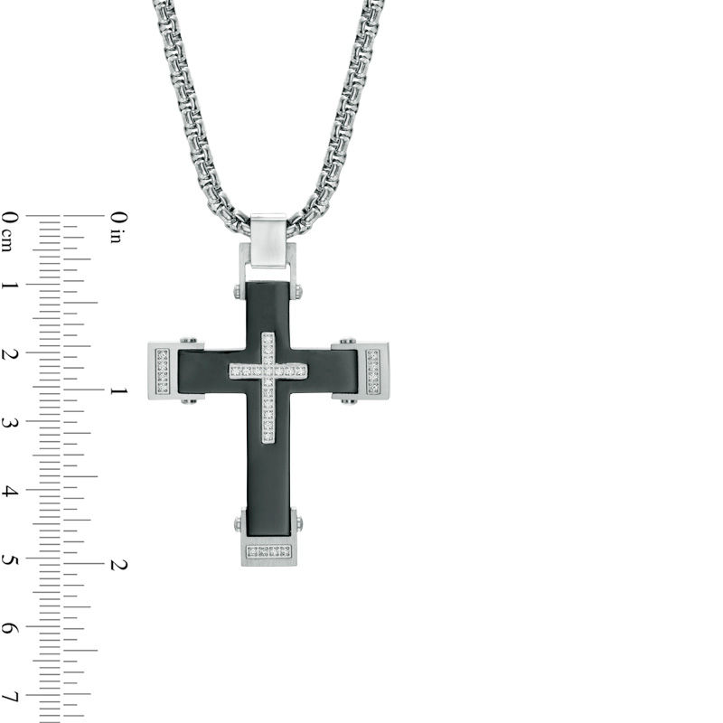 Main Image 2 of Men's 1/5 CT. T.W. Diamond Cross Pendant in Two-Tone Stainless Steel - 24"