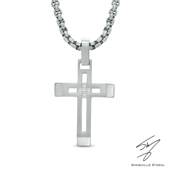 Men's Diamond Accent Cross Pendant in Stainless Steel - 24"