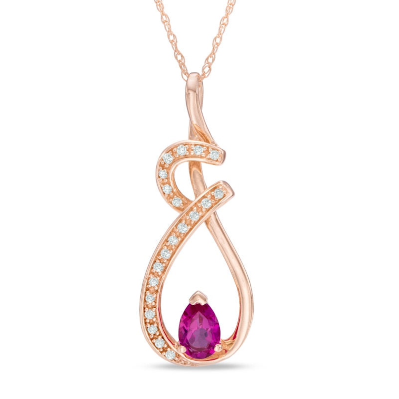 Main Image 1 of Pear-Shaped Lab-Created Ruby and Diamond Accent Twist Pendant in 10K Rose Gold