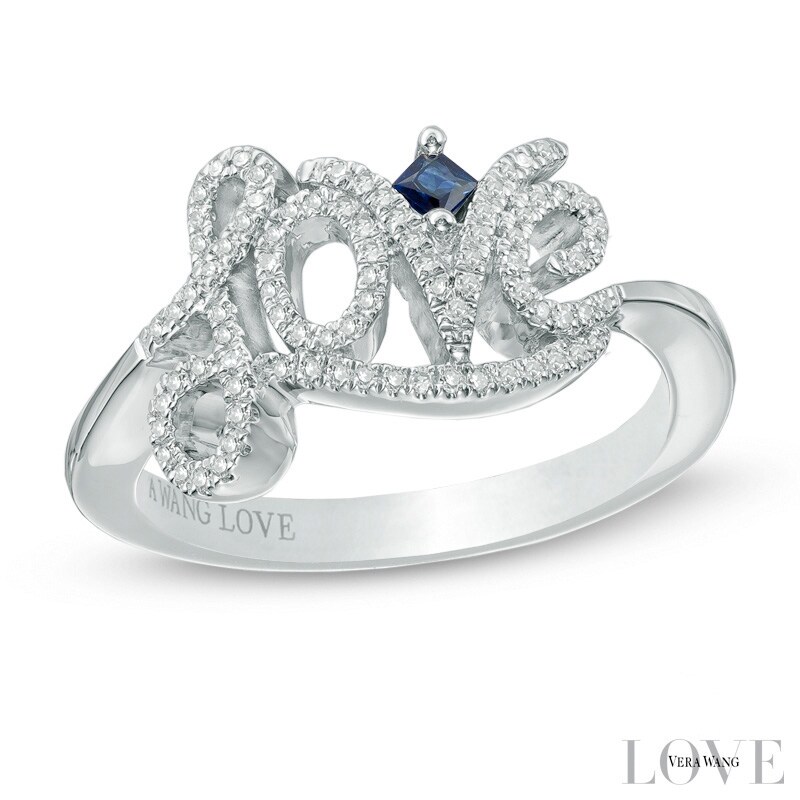 Vera Wang Love Collection 1/5 CT. T.W. Diamond and Blue Sapphire "Love" Ring in Sterling Silver