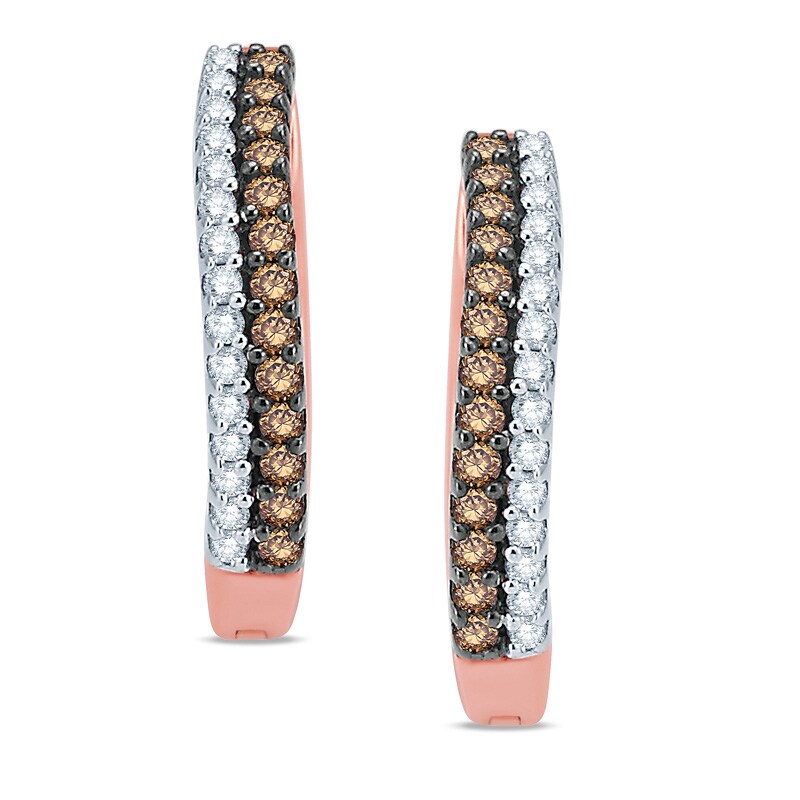 Main Image 1 of 1/4 CT. T.W. Champagne and White Diamond Double Row Hoop Earrings in 10K Rose Gold