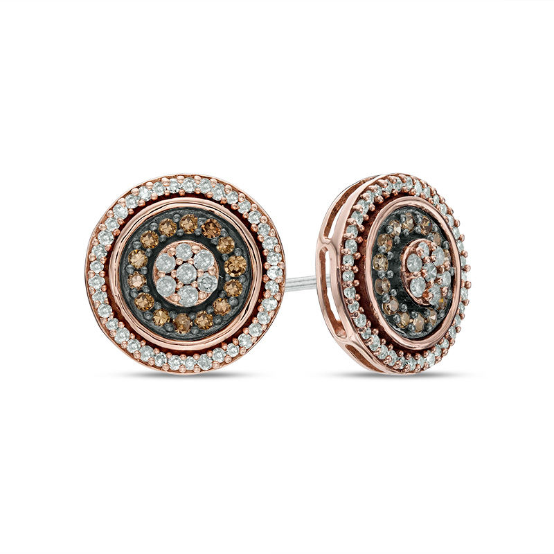 Main Image 1 of 1/2 CT. T.W. Champagne and White Diamond Double Frame Cluster Stud Earrings in 10K Rose Gold