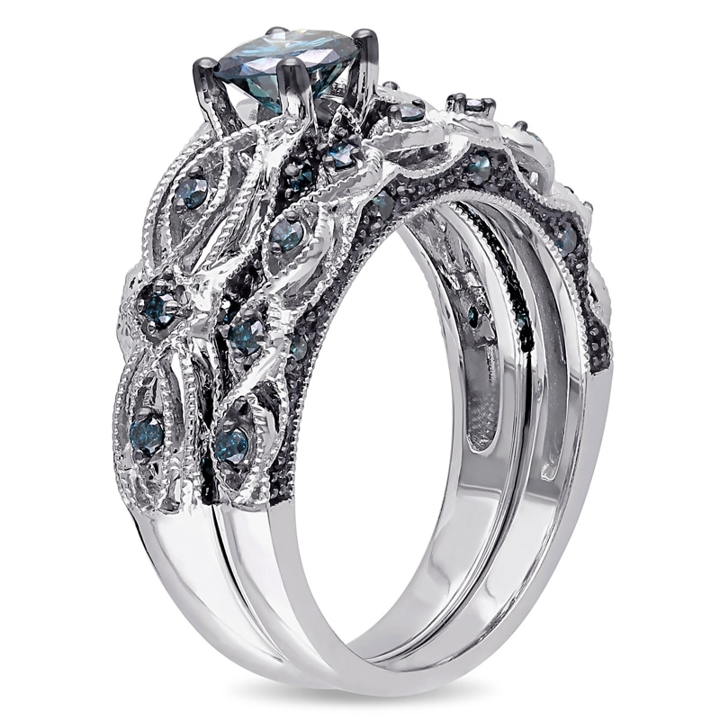 1 CT. T.W. Blue Diamond Vintage-Style Bridal Set in 10K White Gold