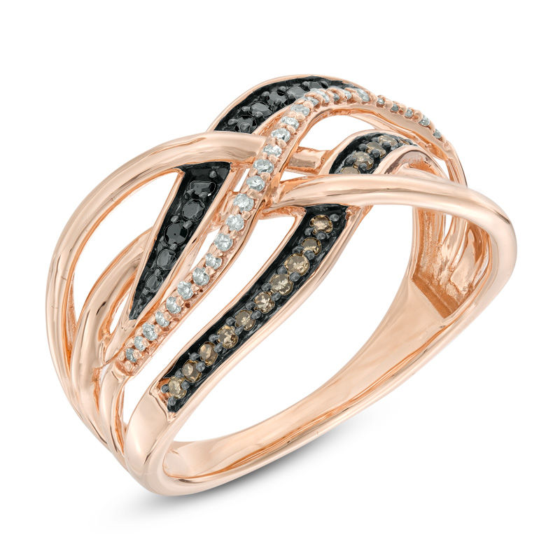 Main Image 2 of 1/5 CT. T.W. Enhanced Black, Champagne and White Diamond Layered Crossover Ring in 10K Rose Gold