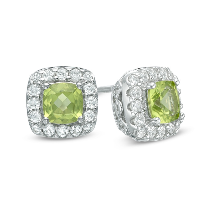 5.0mm Cushion-Cut Peridot and Lab-Created White Sapphire Frame Stud Earrings in Sterling Silver