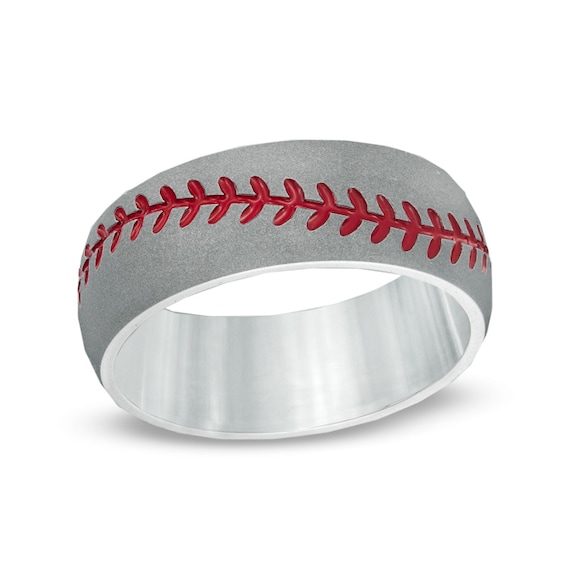 8.0mm Domed Baseball Comfort Fit Cobalt and Red Enamel Wedding Band - Size 10