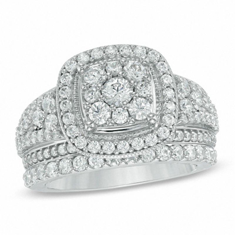 Main Image 1 of 1-3/4 CT. T.W. Diamond Frame Cluster Bridal Set in 14K White Gold
