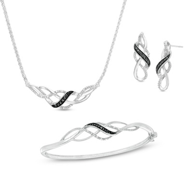 Main Image 1 of 1/10 CT. T.W. Enhanced Black and White Diamond Loose Braid Three Piece Set in Sterling Silver