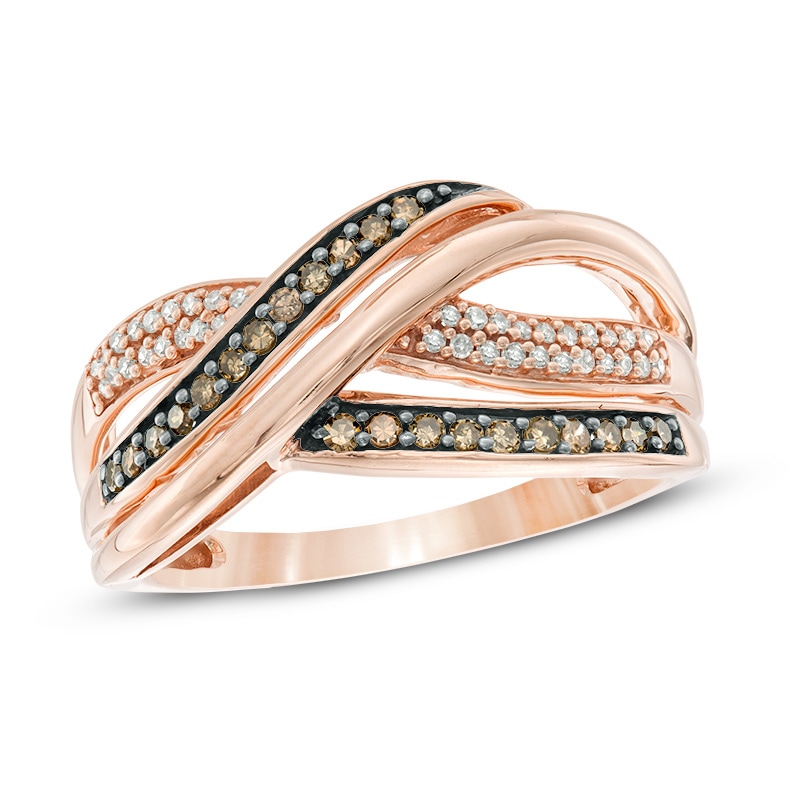 Main Image 1 of 1/4 CT. T.W. Champagne and White Diamond Crossover Ring in 10K Rose Gold
