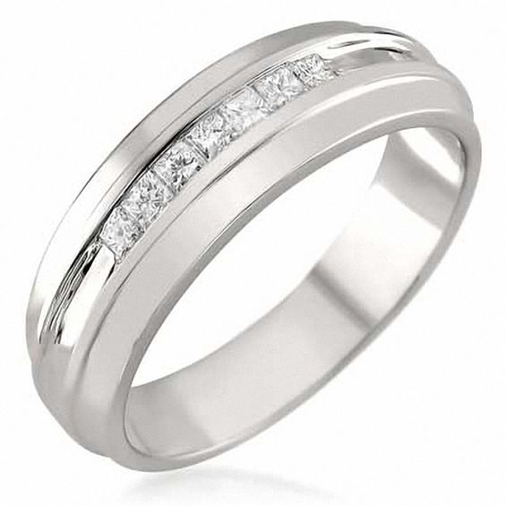 Men S 1 3 Ct T W Square Cut Diamond Wedding Band In 14k White Gold T W Square Cut Diamond Wedding Band In 14k White