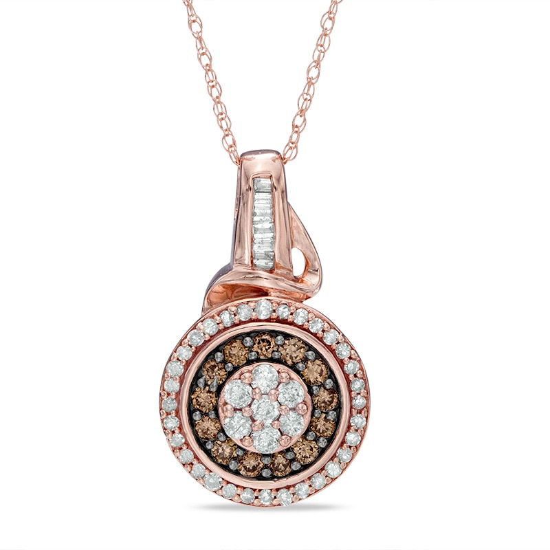 1/2 CT. T.W. Champagne and White Diamond Flower Cluster Pendant Necklace in 10K Rose Gold