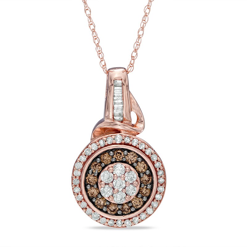 Main Image 1 of 1/2 CT. T.W. Champagne and White Diamond Flower Cluster Pendant Necklace in 10K Rose Gold