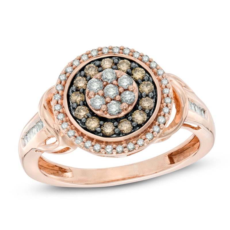 1/2 CT. T.W. Champagne and White Diamond Flower Cluster Frame Ring in 10K Rose Gold