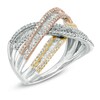 Thumbnail Image 1 of 3/4 CT. T.W. Round and Baguette Diamond Crossover Ring in 10K Tri-Tone Gold