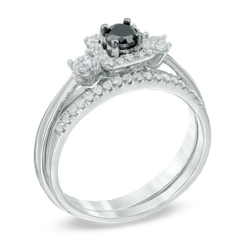 Main Image 2 of 1/2 CT. T.W. Enhanced Black and White Diamond Three Stone Bridal Set in 10K White Gold