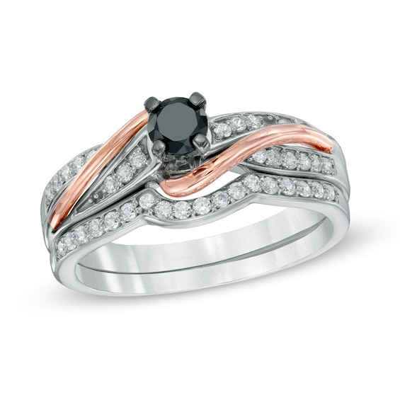 1/2 CT. T.w. Enhanced Black and White Diamond Bridal Set in Sterling Silver and 10K Rose Gold