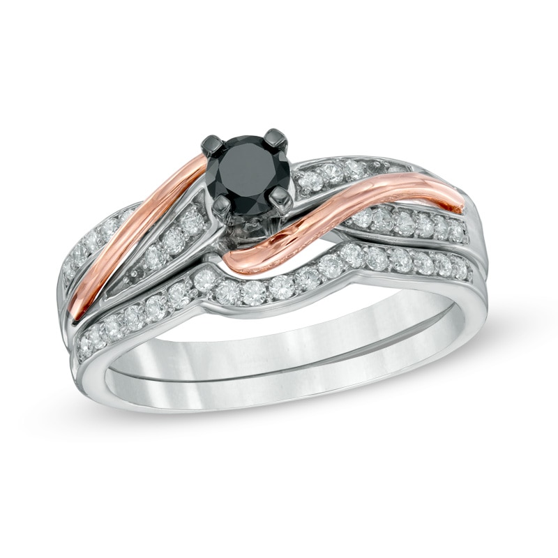 Main Image 1 of 1/2 CT. T.W. Enhanced Black and White Diamond Bridal Set in Sterling Silver and 10K Rose Gold