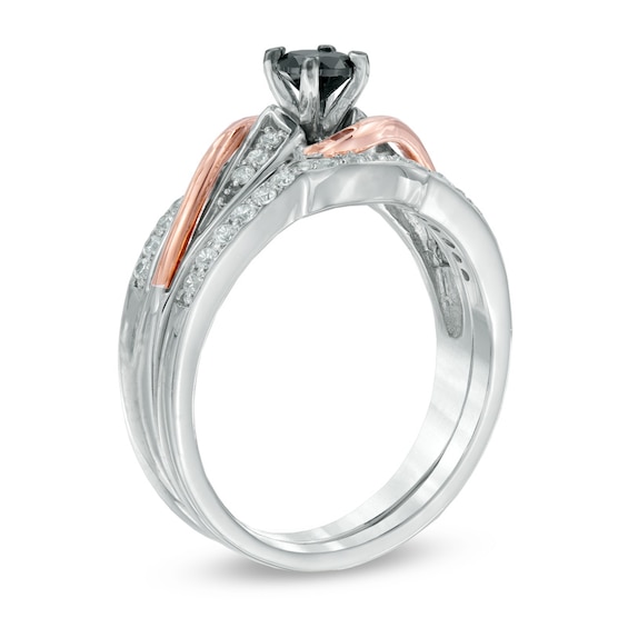 1/2 CT. T.w. Enhanced Black and White Diamond Bridal Set in Sterling Silver and 10K Rose Gold