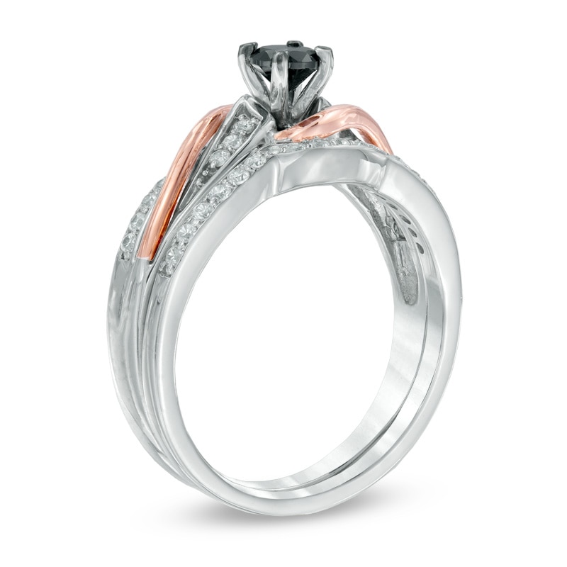 Main Image 2 of 1/2 CT. T.W. Enhanced Black and White Diamond Bridal Set in Sterling Silver and 10K Rose Gold