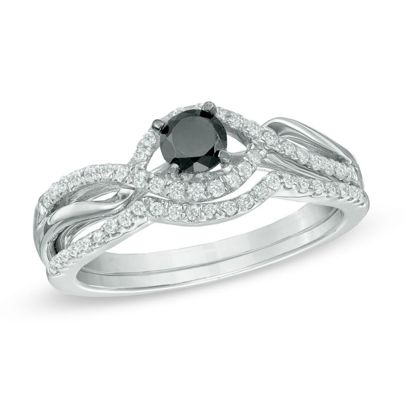1/2 CT. T.W. Enhanced Black and White Diamond Bypass Bridal Set in Sterling Silver