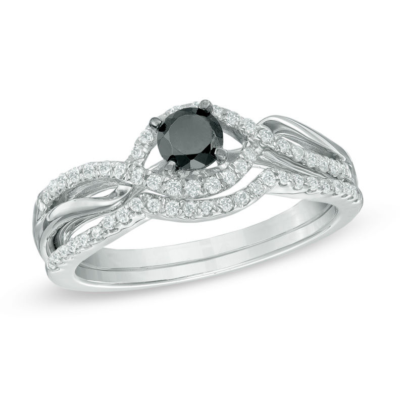 Main Image 1 of 1/2 CT. T.W. Enhanced Black and White Diamond Bypass Bridal Set in Sterling Silver