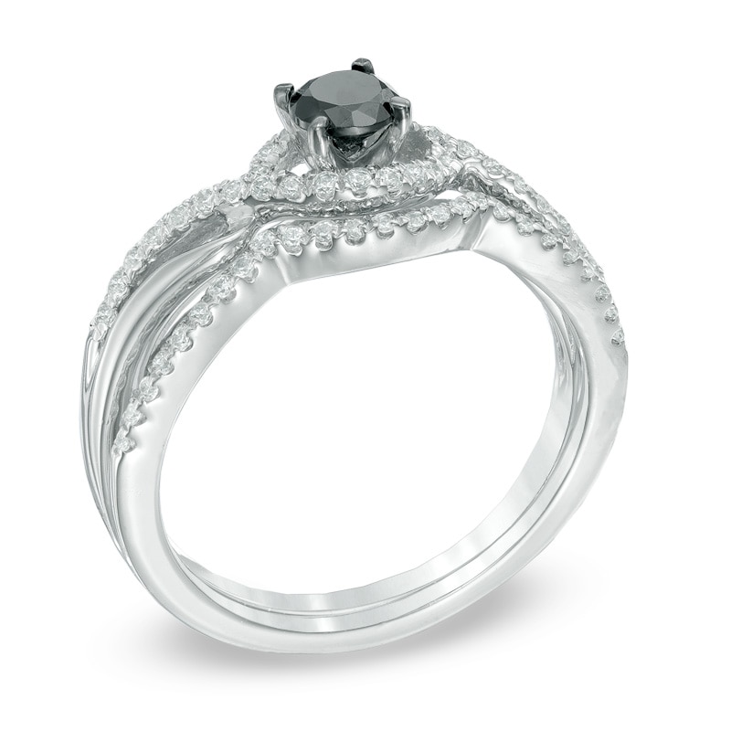 Main Image 2 of 1/2 CT. T.W. Enhanced Black and White Diamond Bypass Bridal Set in Sterling Silver