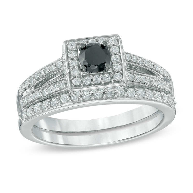 Main Image 1 of 1/2 CT. T.W. Enhanced Black and White Diamond Square Frame Split Shank Bridal Set in Sterling Silver