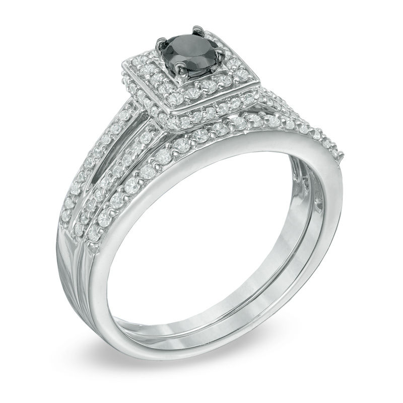 Main Image 2 of 1/2 CT. T.W. Enhanced Black and White Diamond Square Frame Split Shank Bridal Set in Sterling Silver