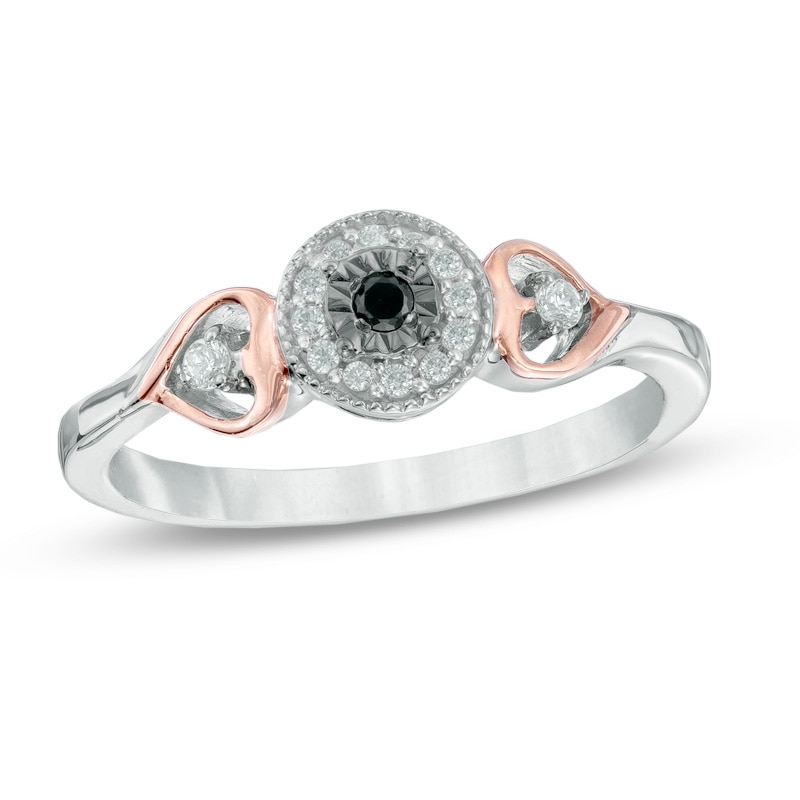 1/8 CT. T.W. Enhanced Black and White Diamond Heart Sides Promise Ring in Sterling Silver and 10K Rose Gold