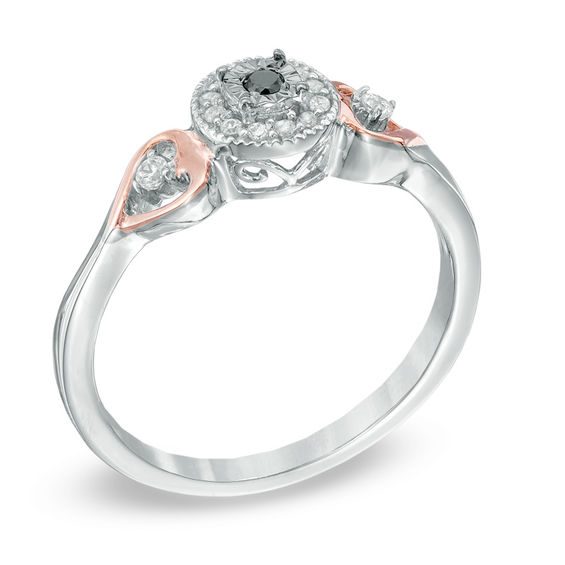 1/8 CT. T.w. Enhanced Black and White Diamond Heart Sides Promise Ring in Sterling Silver and 10K Rose Gold