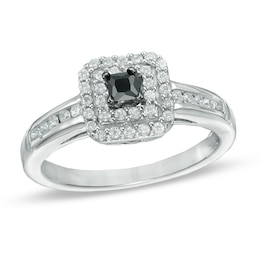 1/2 CT. T.W. Enhanced Black and White Diamond Double Square Frame Engagement Ring in Sterling Silver