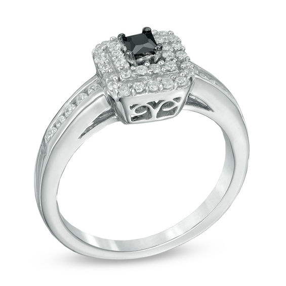 1/2 CT. T.w. Enhanced Black and White Diamond Double Square Frame Engagement Ring in Sterling Silver