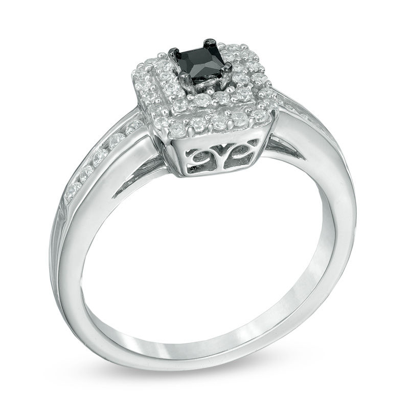 1/2 CT. T.W. Enhanced Black and White Diamond Double Square Frame Engagement Ring in Sterling Silver