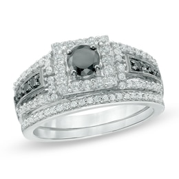 1 CT. T.W. Enhanced Black and White Diamond Square Frame Bridal Set in 10K White Gold