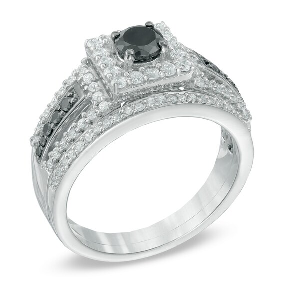 1 CT. T.w. Enhanced Black and White Diamond Square Frame Bridal Set in 10K White Gold