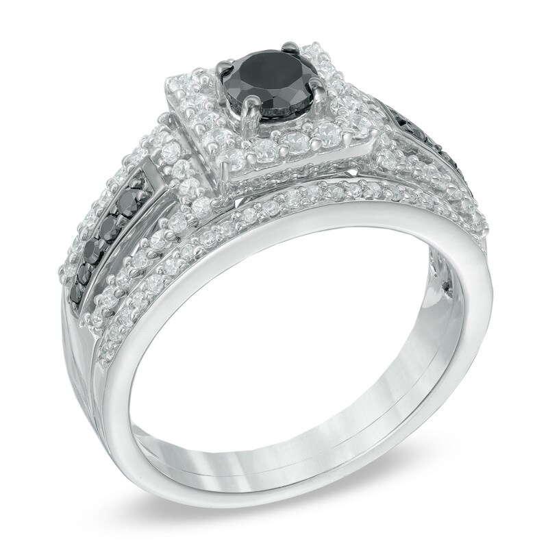 Main Image 2 of 1 CT. T.W. Enhanced Black and White Diamond Square Frame Bridal Set in 10K White Gold