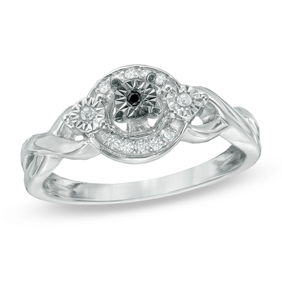1/10 CT. T.w. Enhanced Black and White Diamond Three Stone Braid Promise Ring in 10K White Gold
