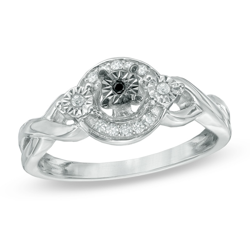 1/10 CT. T.W. Enhanced Black and White Diamond Three Stone Braid Promise Ring in 10K White Gold