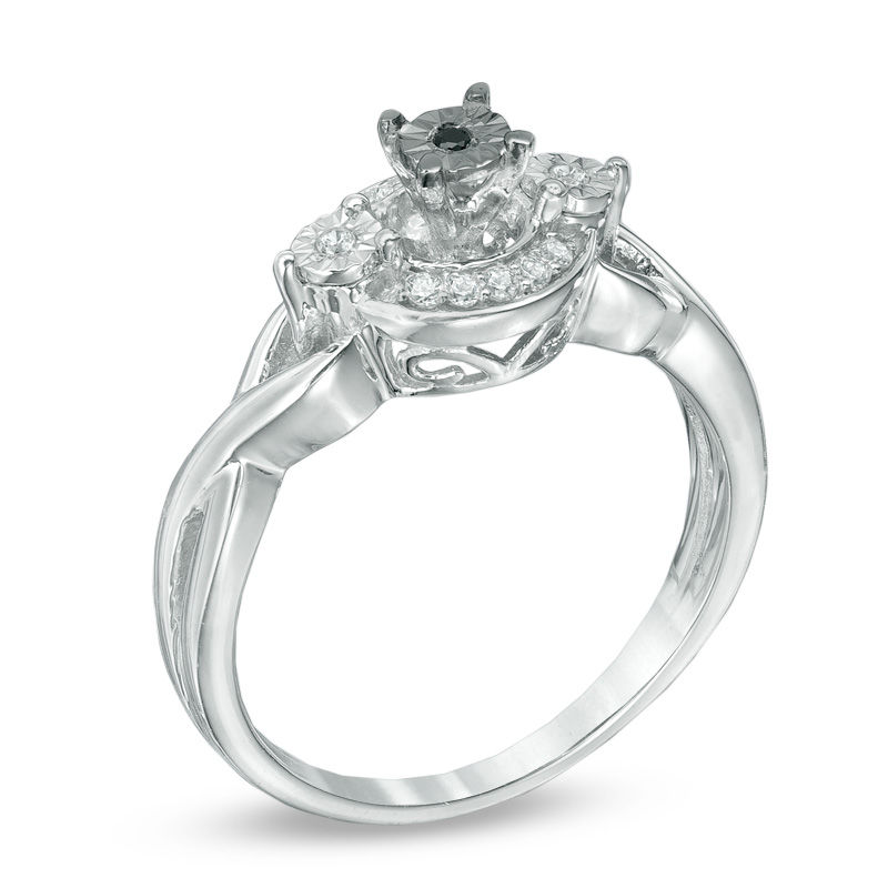 1/10 CT. T.W. Enhanced Black and White Diamond Three Stone Braid Promise Ring in 10K White Gold