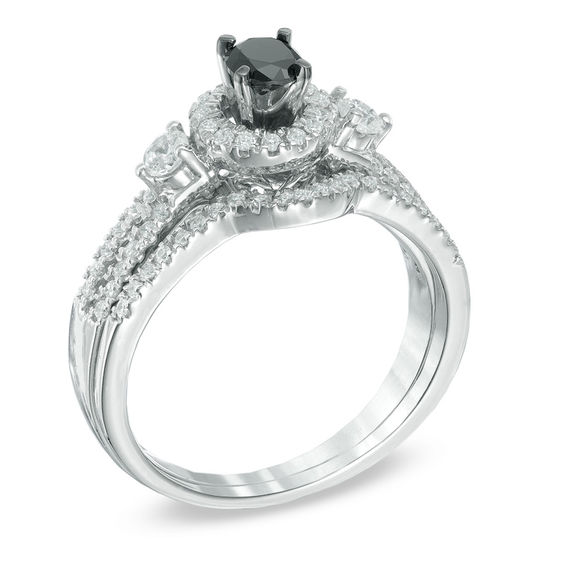 5/8 CT. T.w. Enhanced Black and White Diamond Frame Bridal Set in 10K White Gold