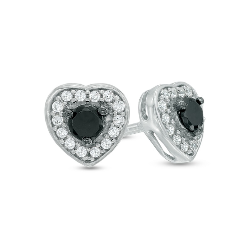 Main Image 1 of 1/4 CT. T.W. Enhanced Black and White Diamond Heart Stud Earrings in Sterling Silver
