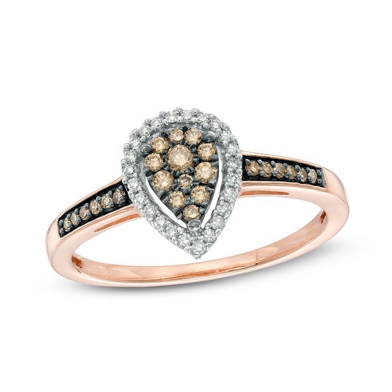 Main Image 1 of 1/4 CT. T.W. Champagne and White Diamond Cluster Pear-Shaped Frame Ring in 10K Rose Gold