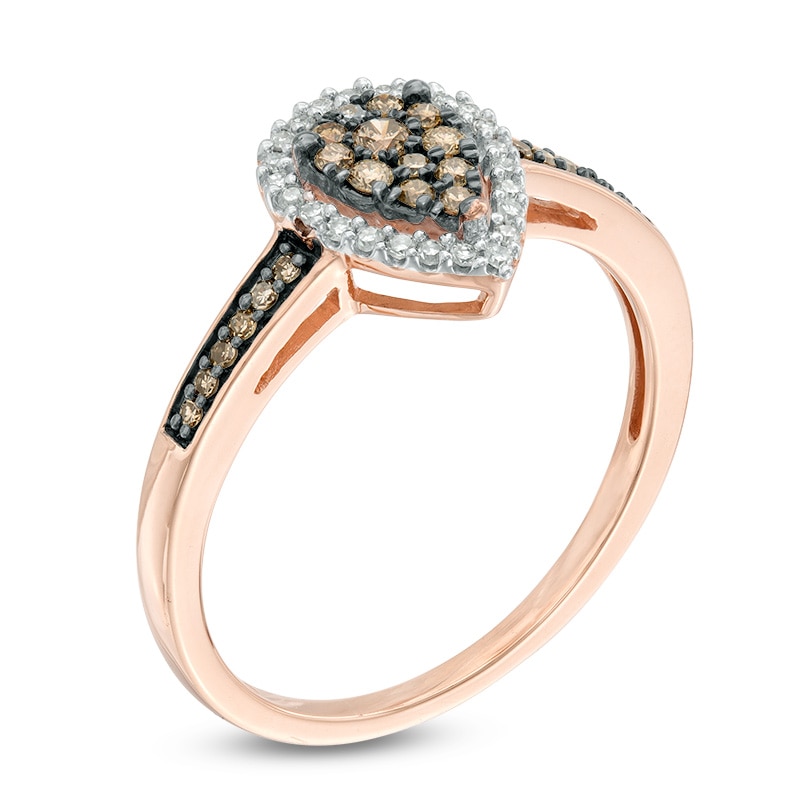 Main Image 2 of 1/4 CT. T.W. Champagne and White Diamond Cluster Pear-Shaped Frame Ring in 10K Rose Gold
